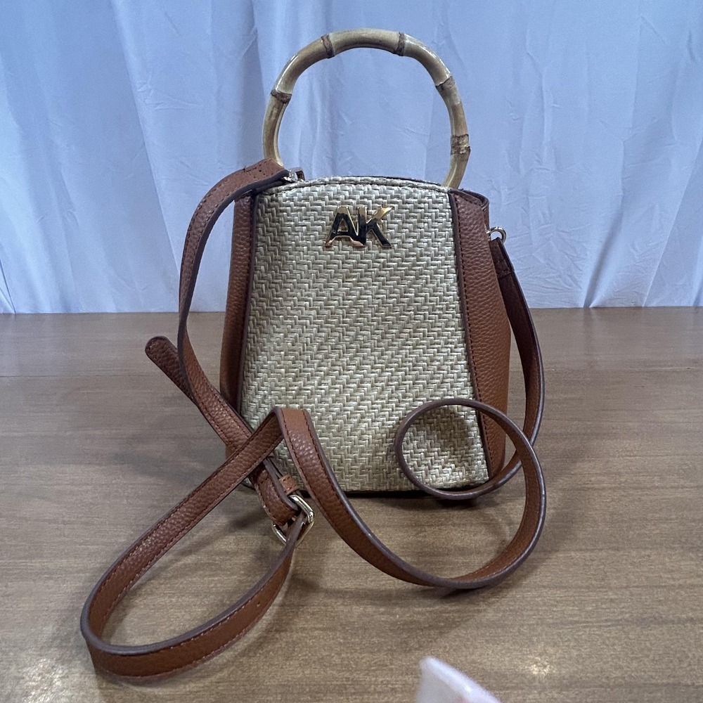 Anne Klein Top Handle Bag Womens Small Beige Straw Brown Bamboo Crossbody Purse
